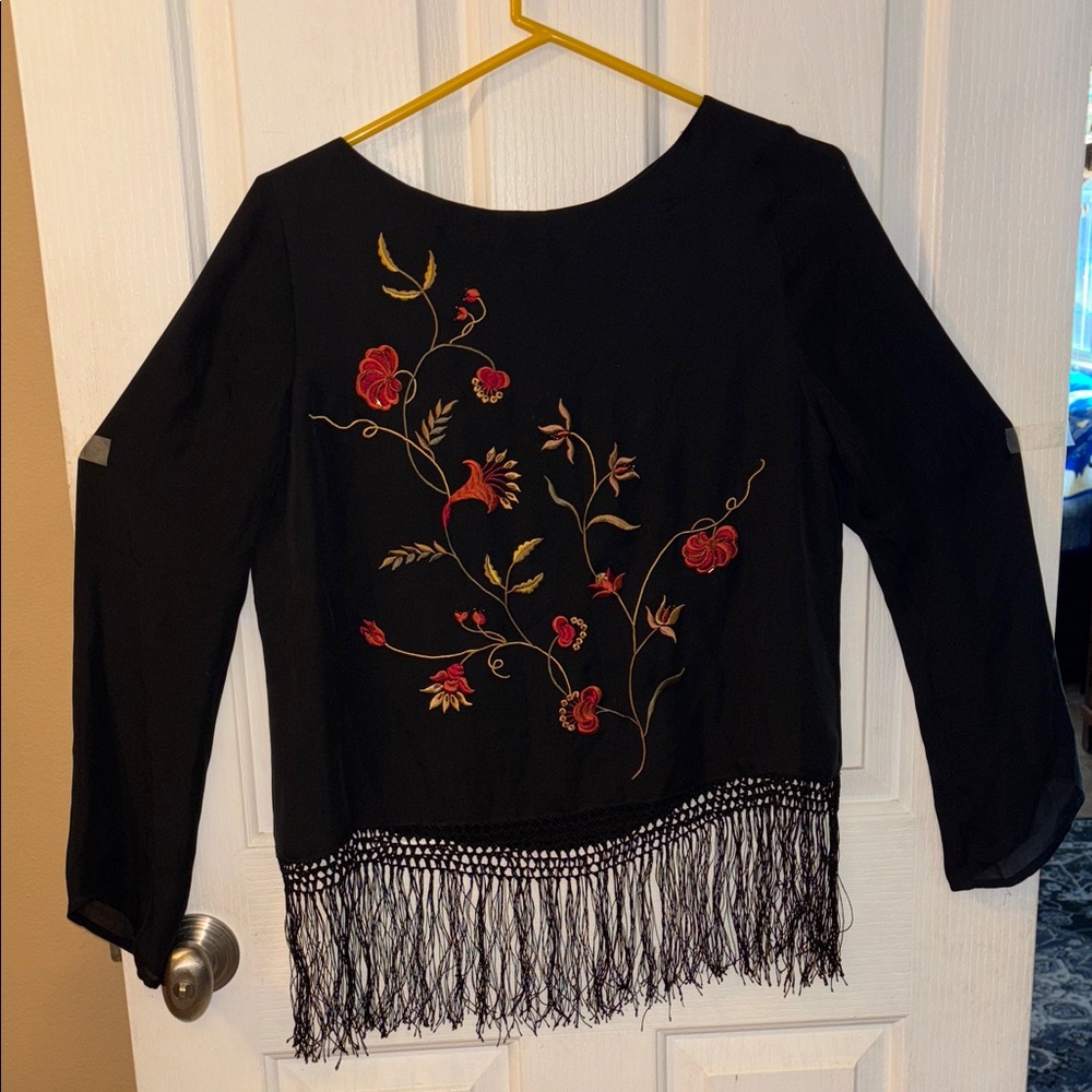 Josephine Chaus Black Top with Red Floral Embroidery and Fringe